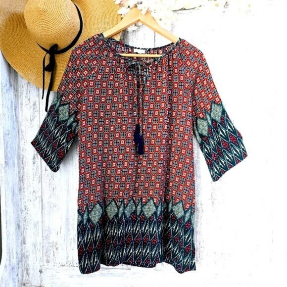 Ganji Women's Mini Dress Size Medium Sheath Bohemian Blue Green White Pullover - Picture 1 of 14